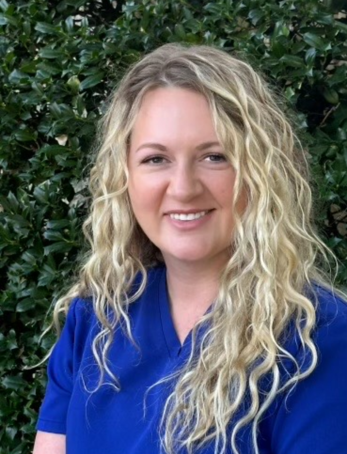 a woman in a blue shirt